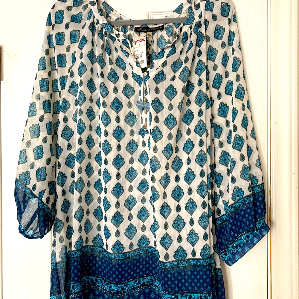 Teal and navy sheer tunic top